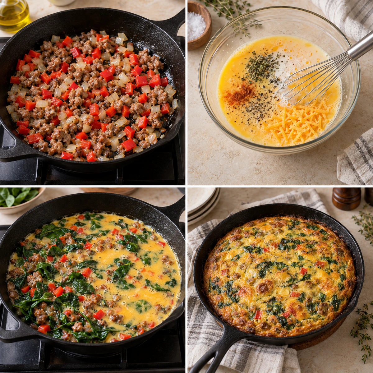 Four chronological preparation stages for Simple Keto Breakfast Frittata