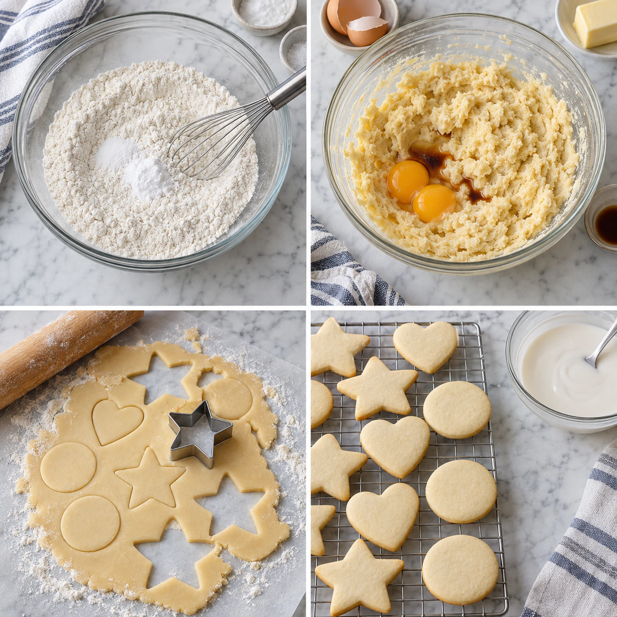 Four chronological preparation stages for Classic Soft Sugar Cookies