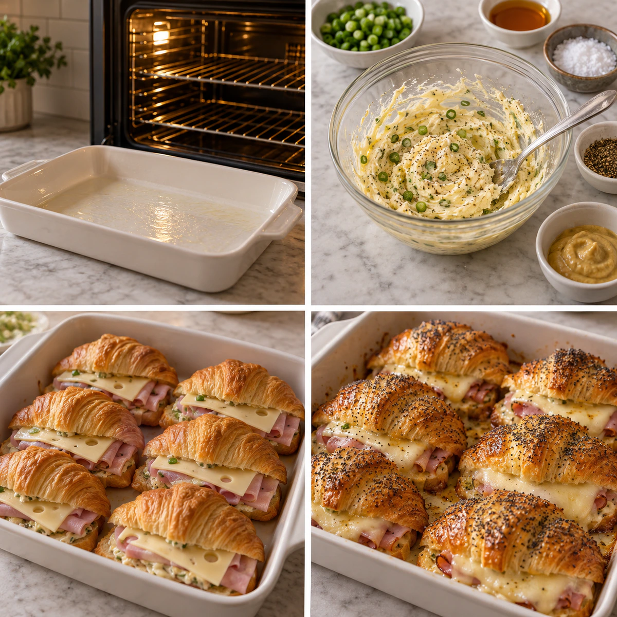 Four chronological preparation stages for Ham and Cheese Croissant
