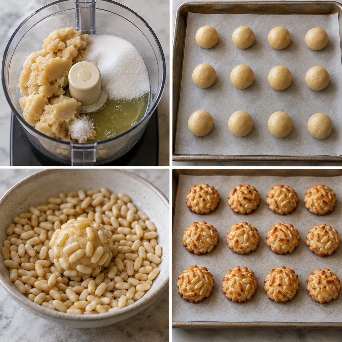 Four chronological preparation stages for Pignoli Cookies
