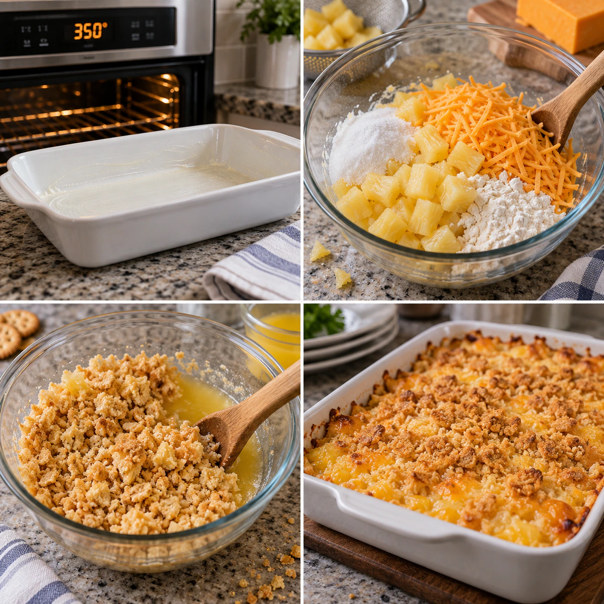 Four chronological preparation stages for Pineapple Cheese Casserole