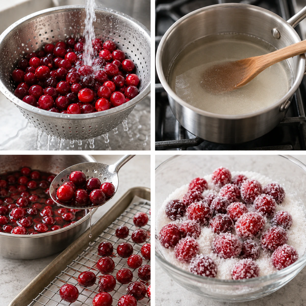Four chronological preparation stages for Sweet Sparkling Cranberries