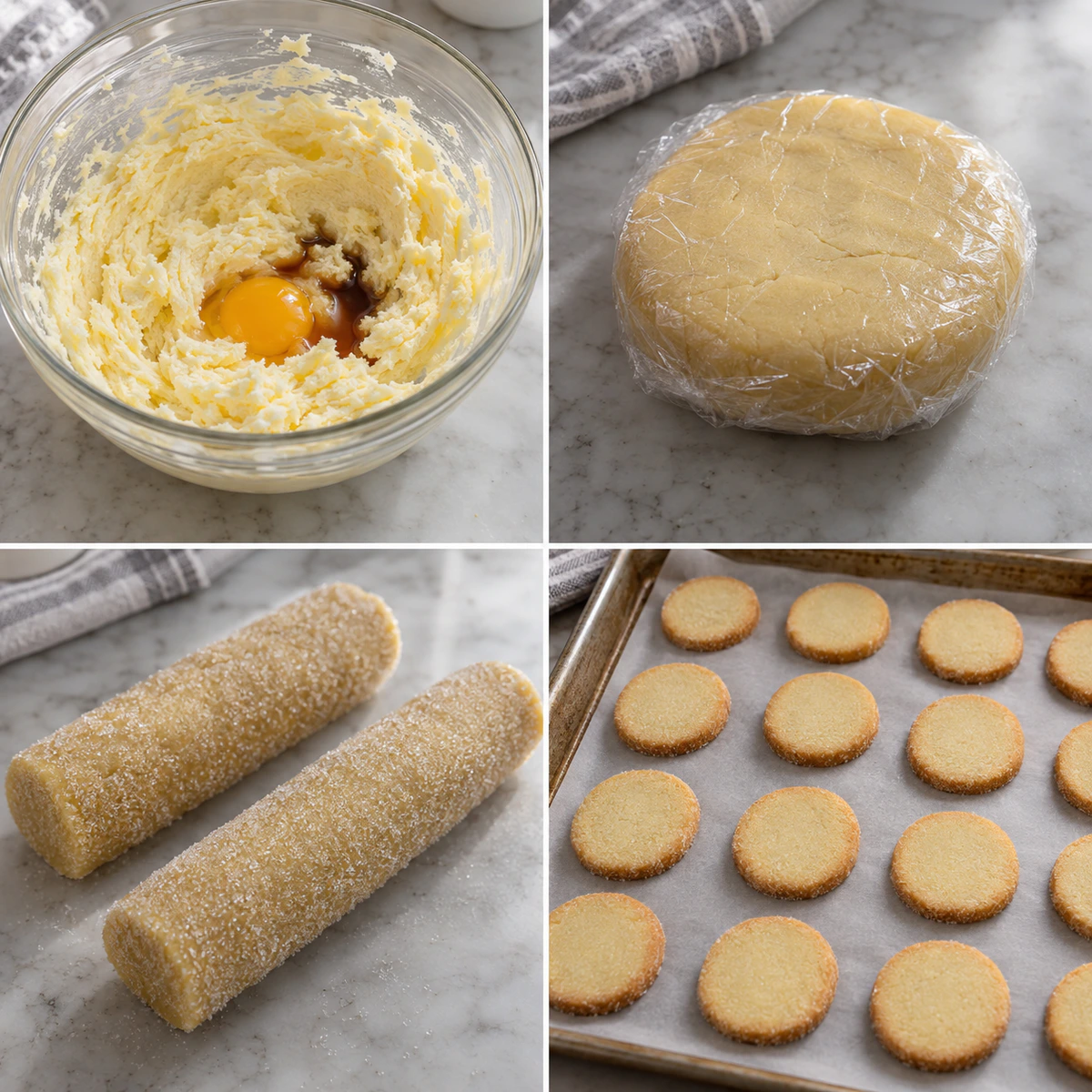 Four chronological preparation stages for Classic Crisp French Cookies
