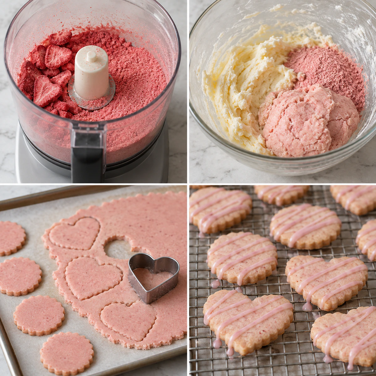 Four chronological preparation stages for Strawberry Shortbread Cookies