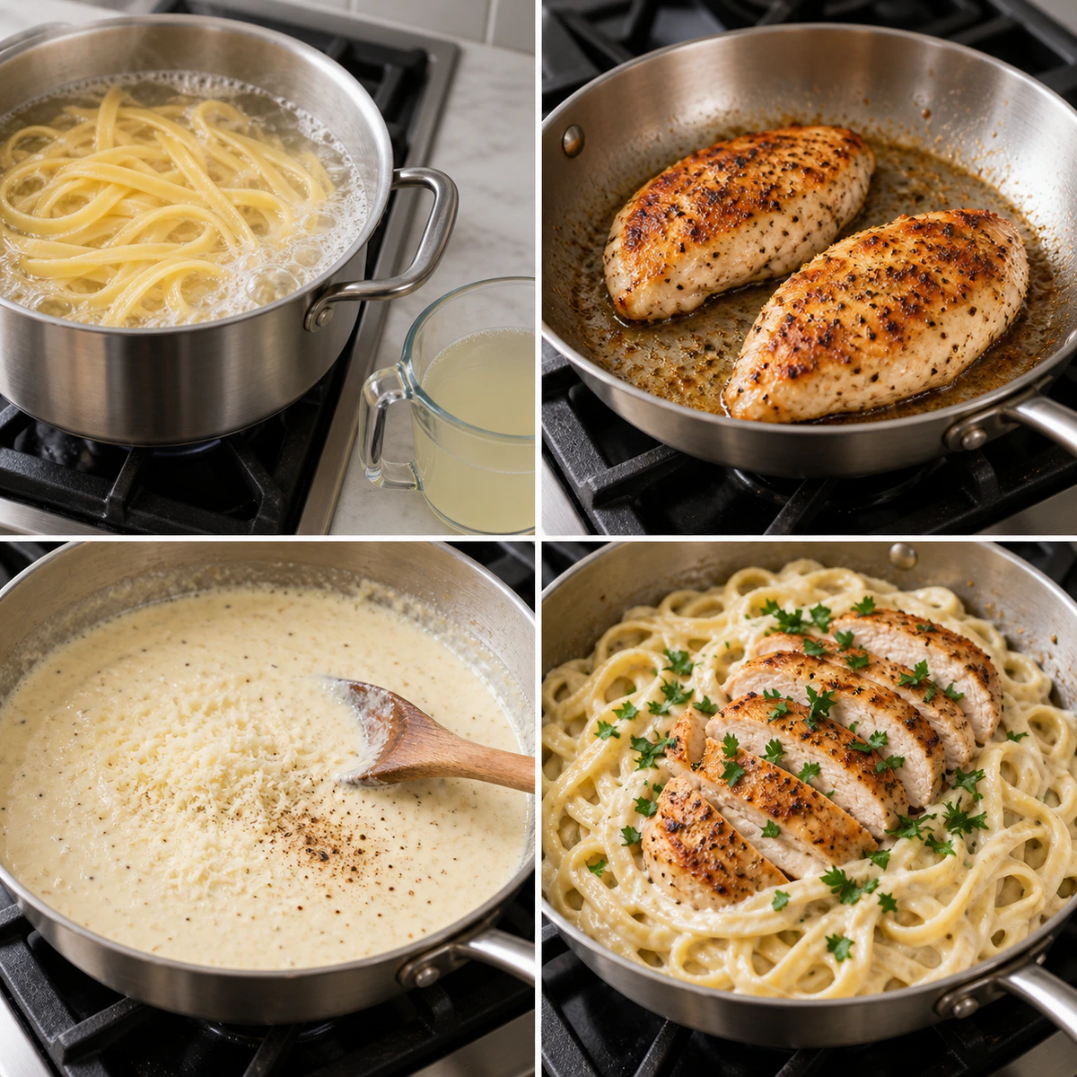 Four chronological preparation stages for Chicken Alfredo Pasta