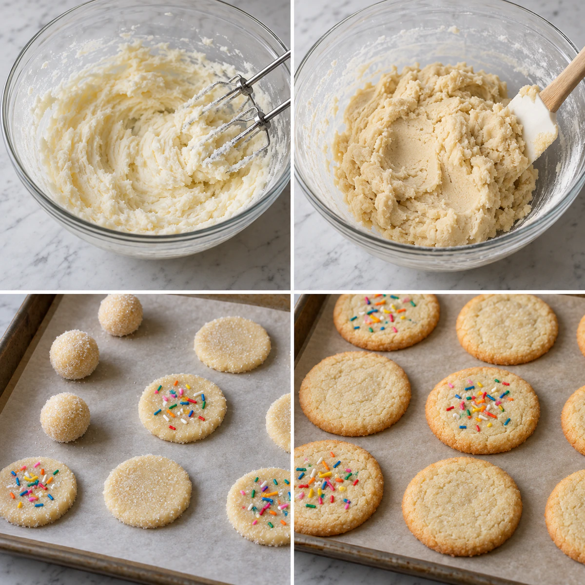 Four chronological preparation stages for Simple 3-Ingredient Sugar Cookies