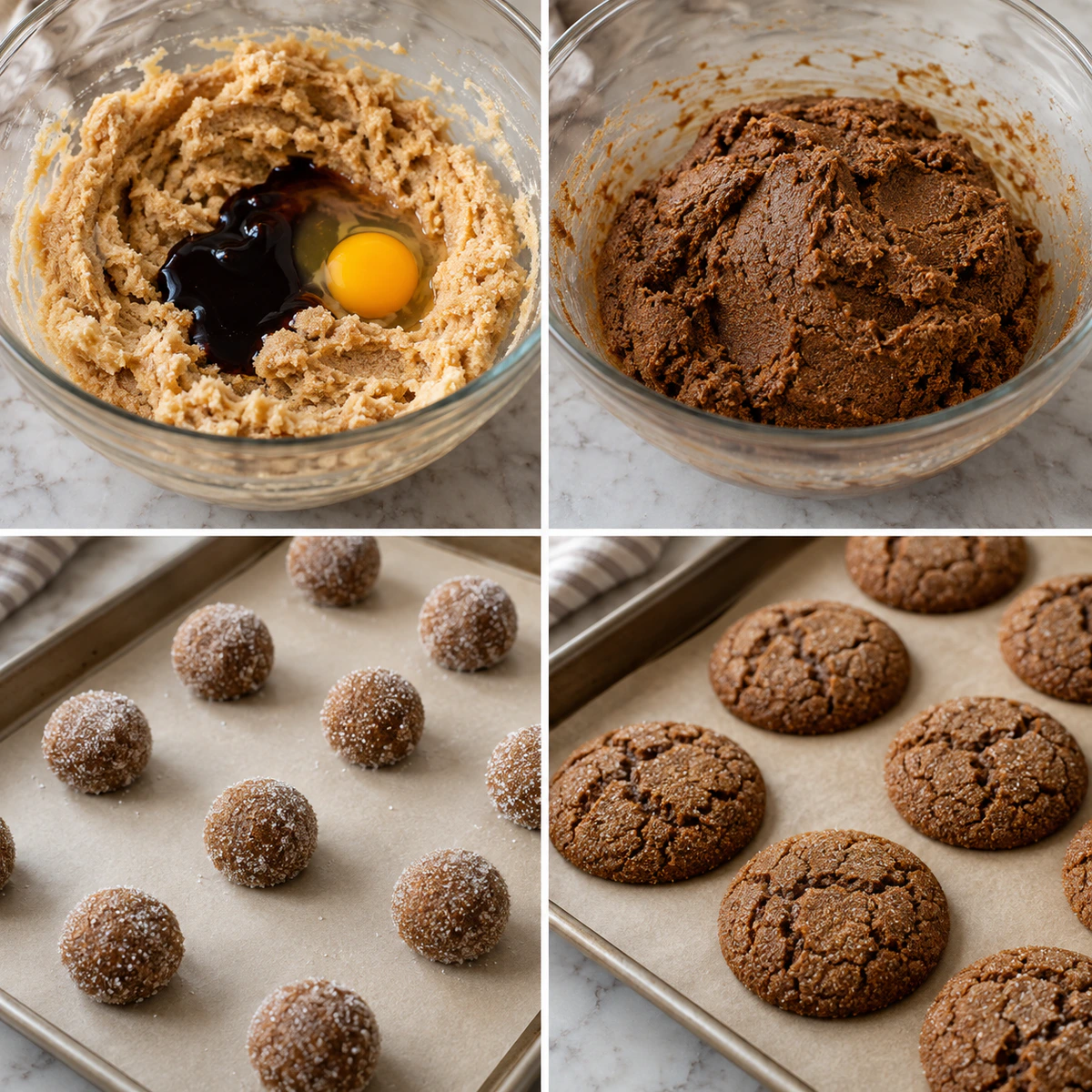 Four chronological preparation stages for Soft & Chewy Gingerbread Men Cookies