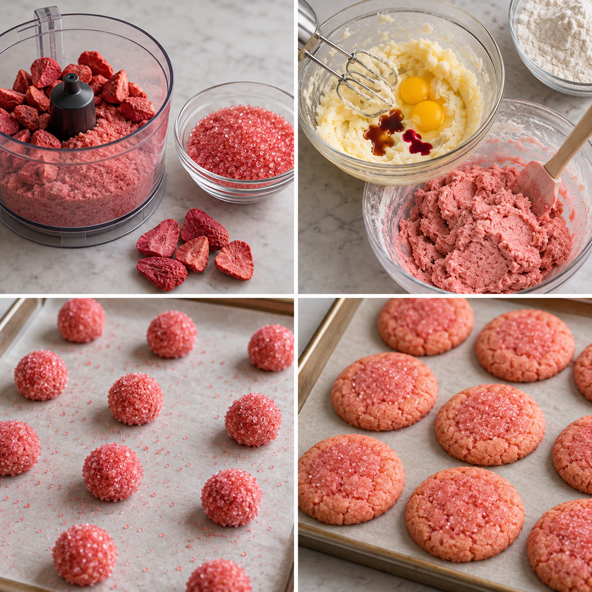 Four chronological preparation stages for Strawberry Sugar Cookies with Sparkling Strawberry Sugar