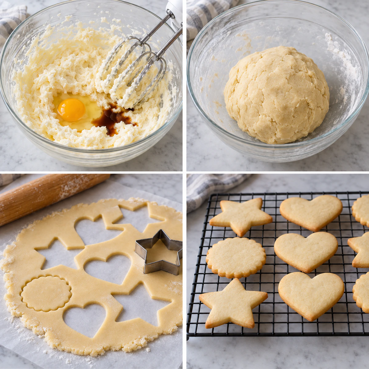 Four chronological preparation stages for Perfect Cut-Out Cookies