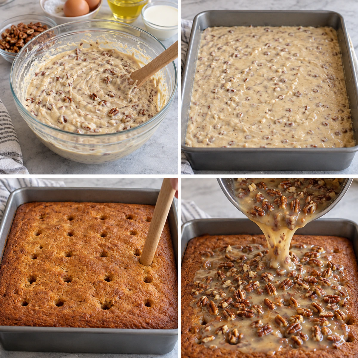 Four chronological preparation stages for Butter Pecan Praline Cake