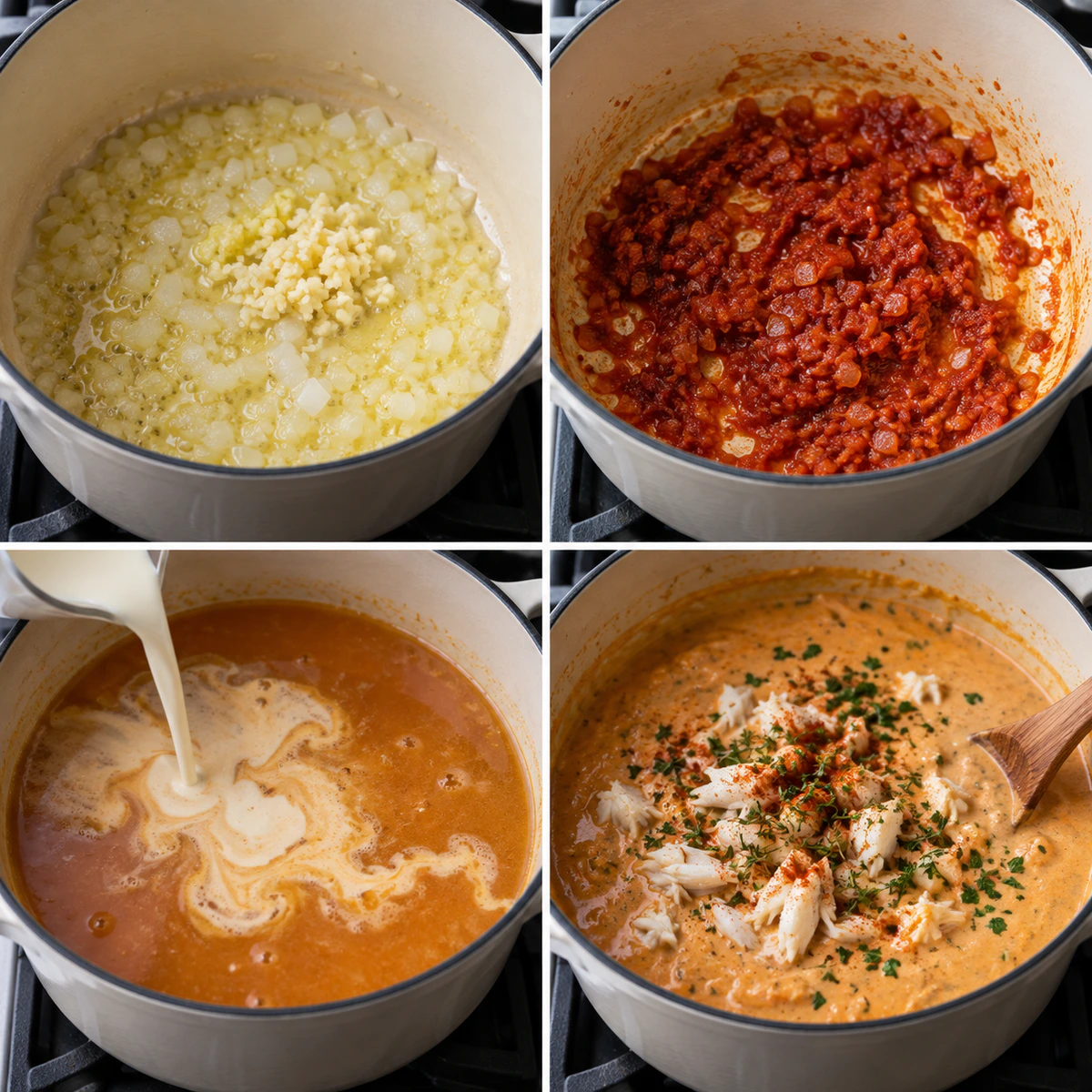 Four chronological preparation stages for Creamy Seafood Bisque