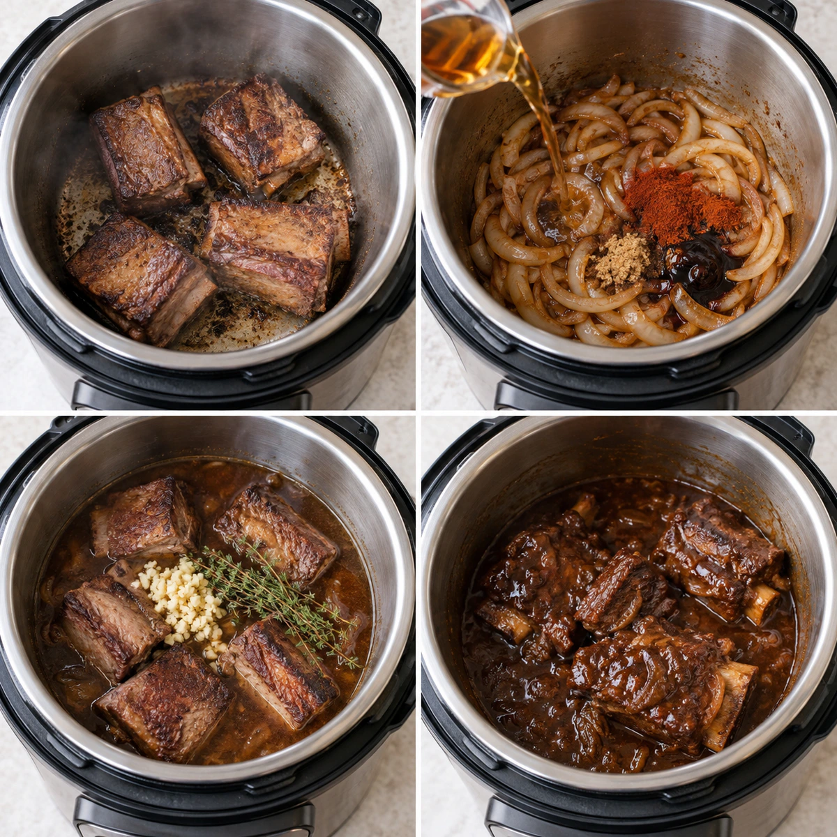 Four chronological preparation stages for Instant Pot Short Ribs
