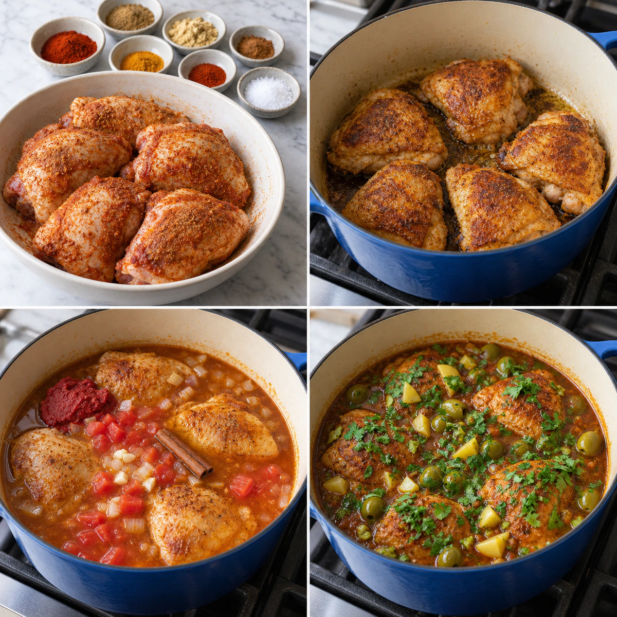 Four chronological preparation stages for Moroccan Chicken