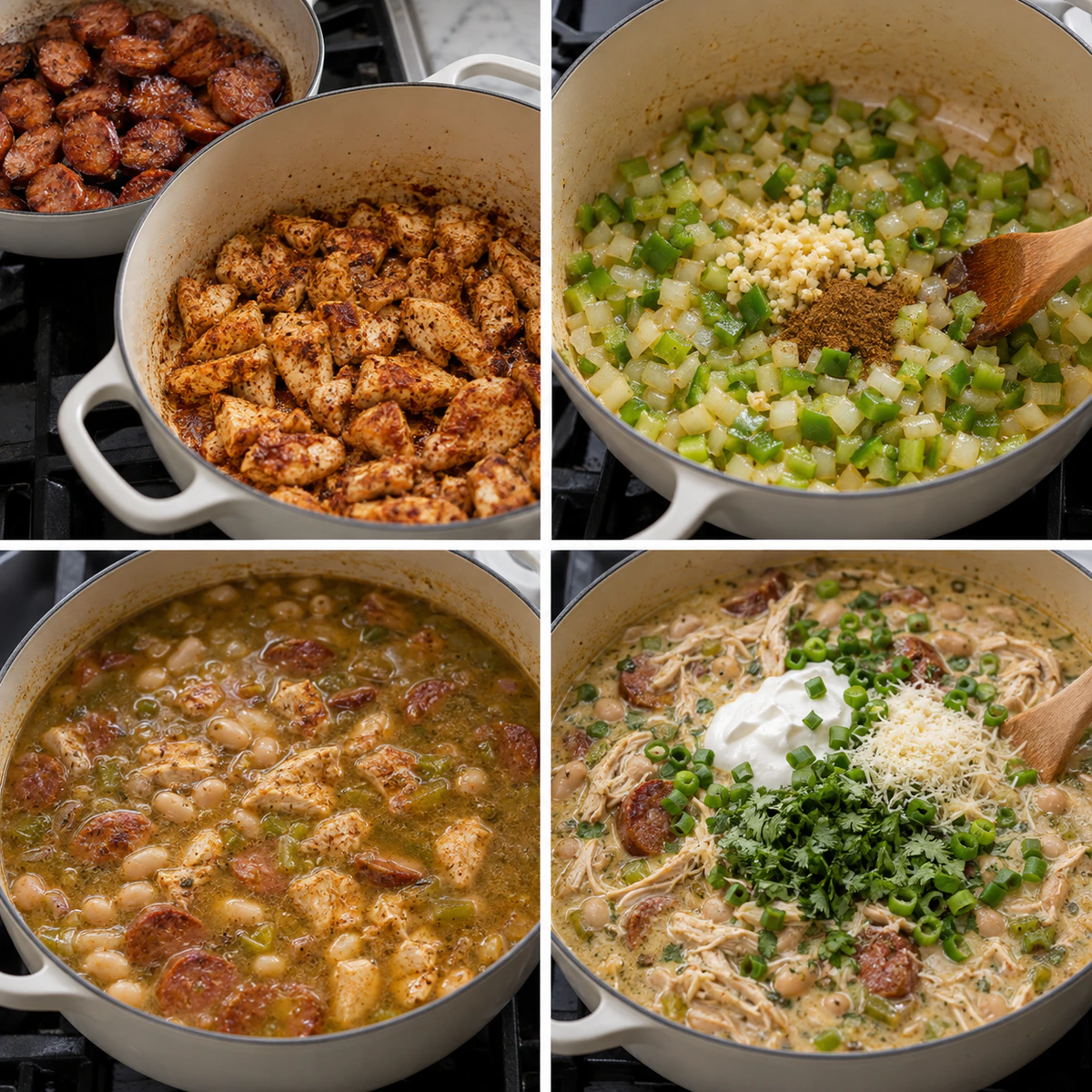 Four chronological preparation stages for Creamy Cajun-Style Chili