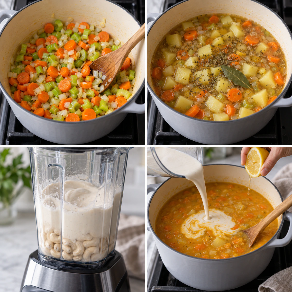 Four chronological preparation stages for Creamy Vegan Vegetable Soup