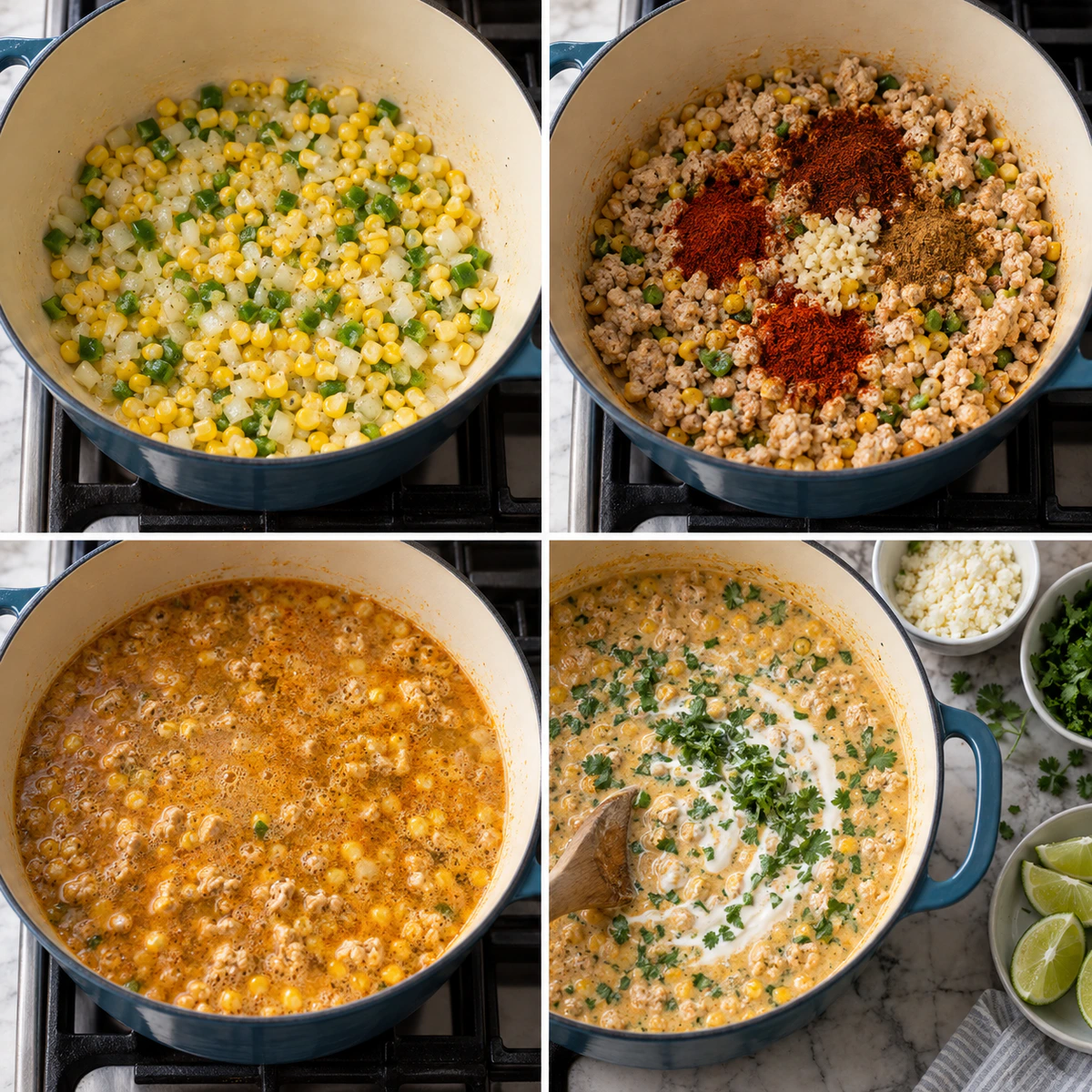 Four chronological preparation stages for Street Corn Chicken Chili