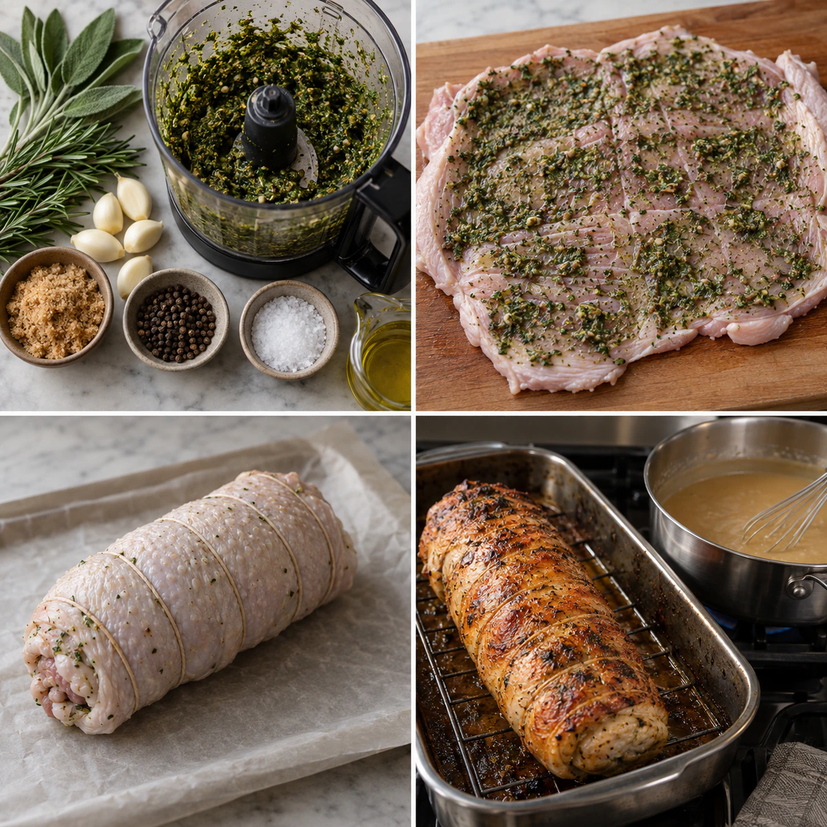Four chronological preparation stages for Turkey Roulade