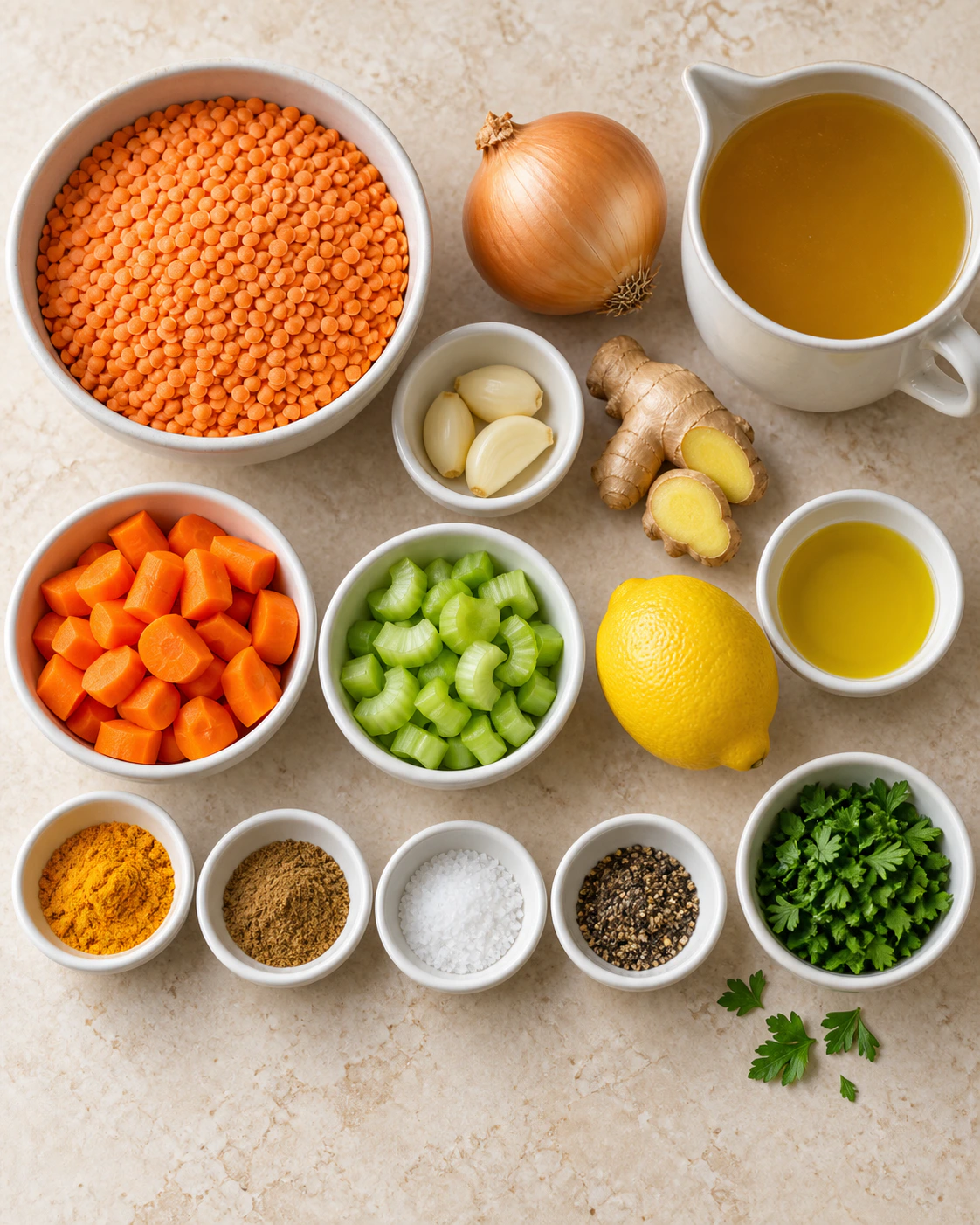 Exact measured ingredients for Lemon Turmeric Lentil Soup