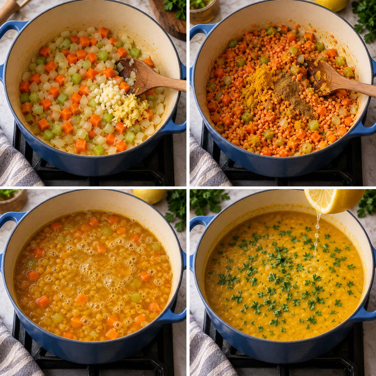 Four chronological preparation stages for Lemon Turmeric Lentil Soup