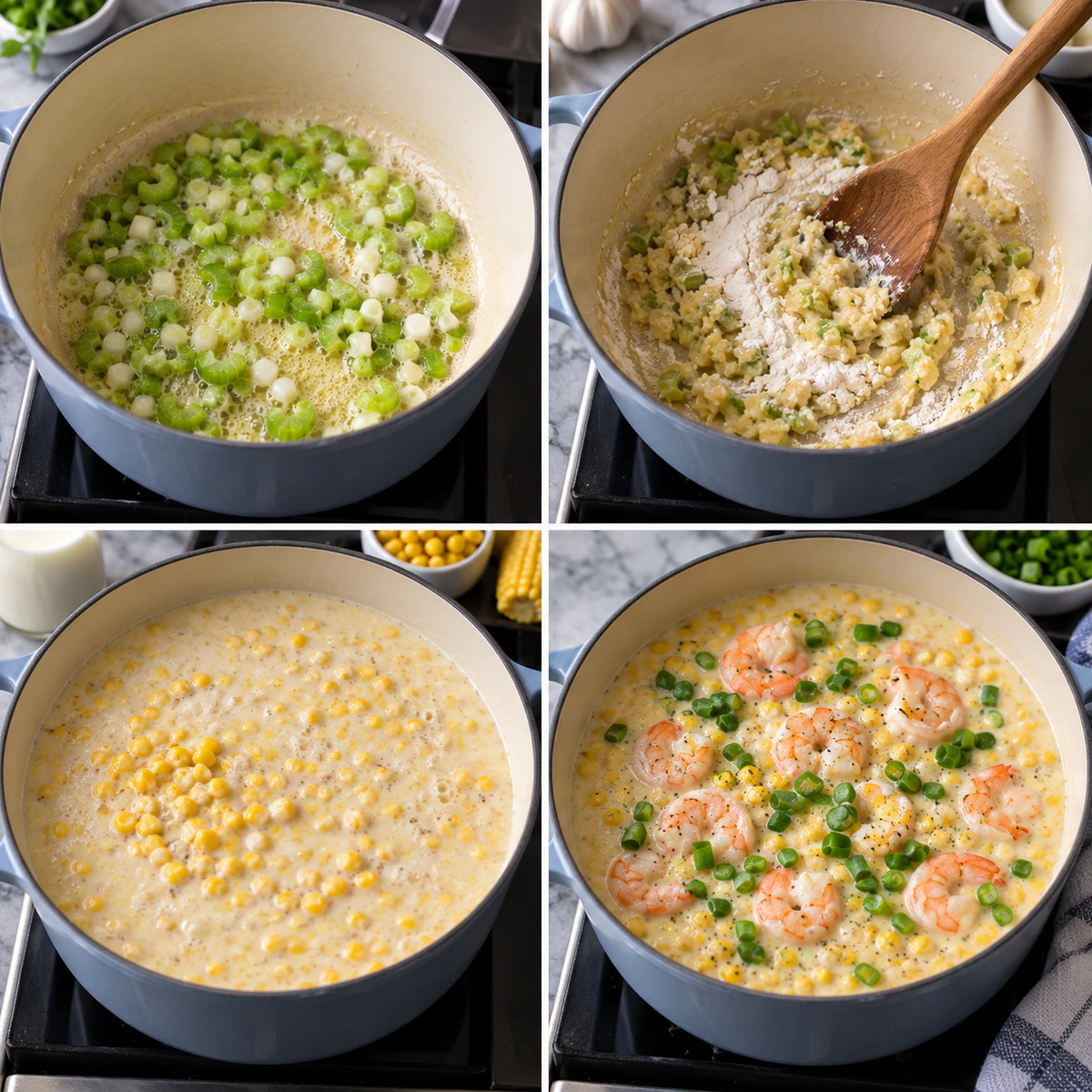 Four chronological preparation stages for Shrimp and Corn Soup