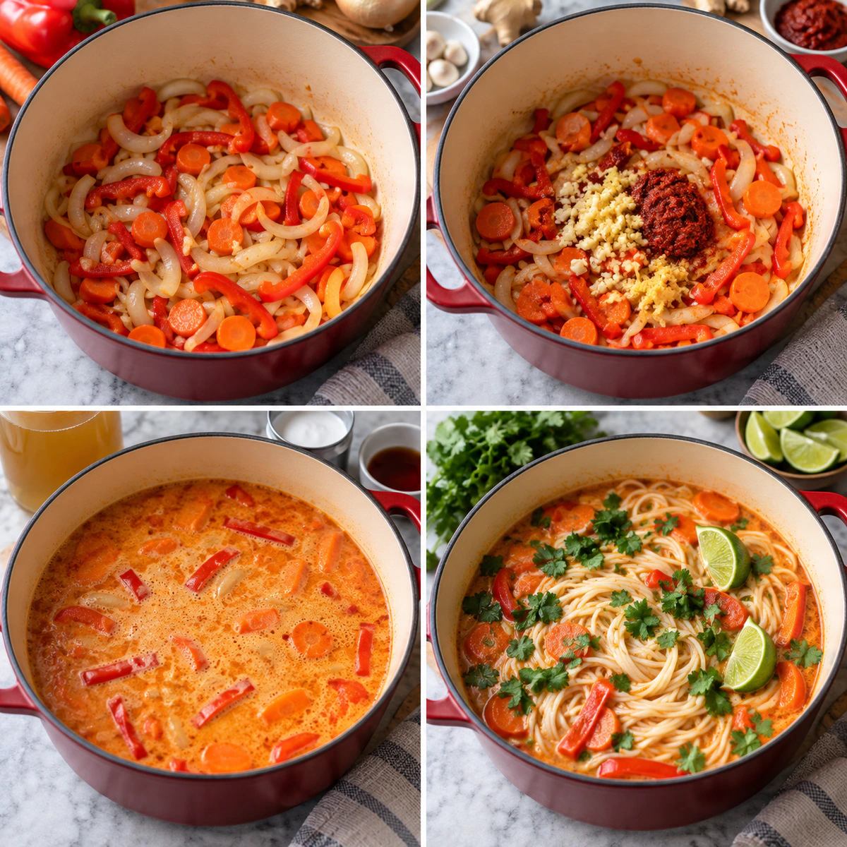 Four chronological preparation stages for Thai Red Curry Soup