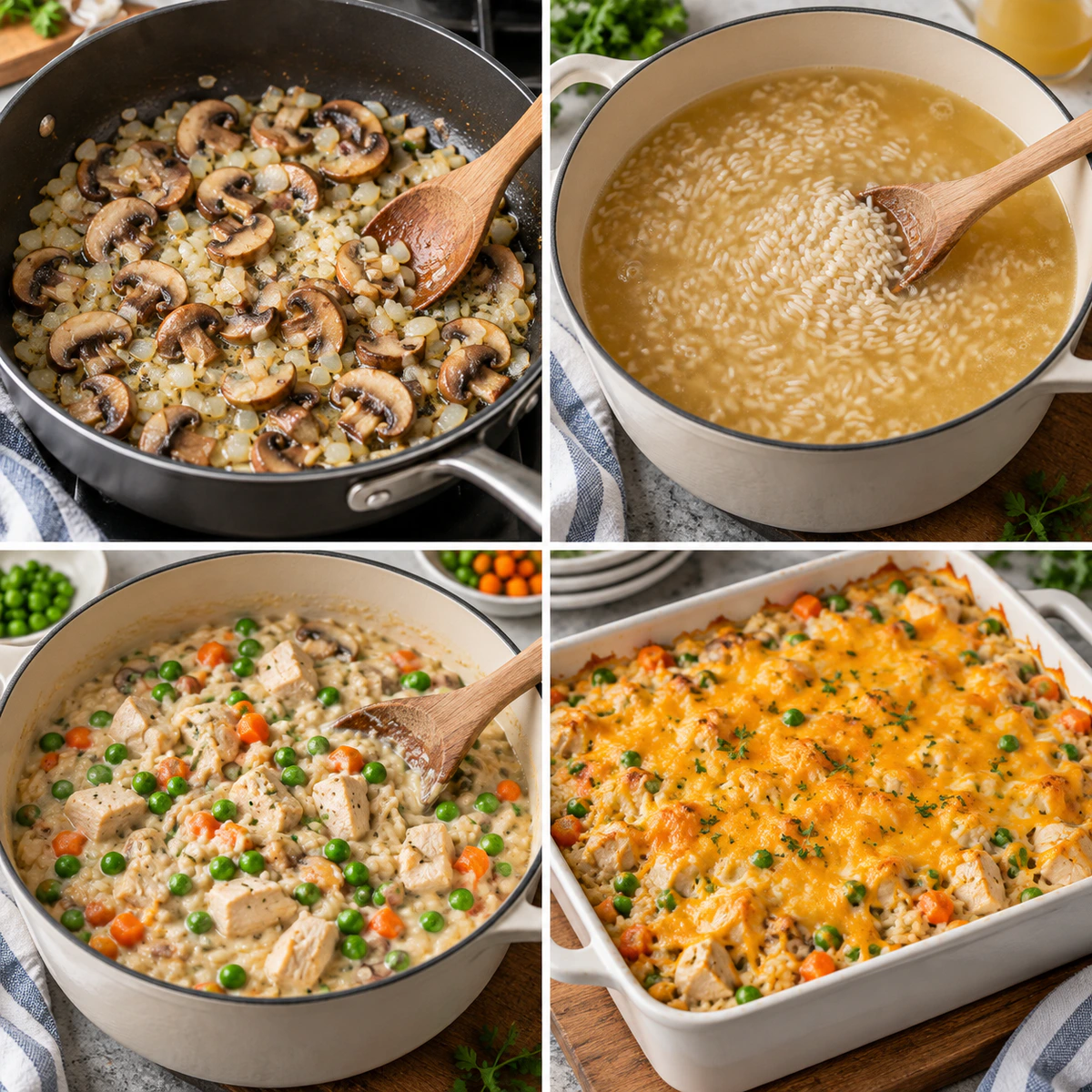 Four chronological preparation stages for Cozy One-Dish Meal