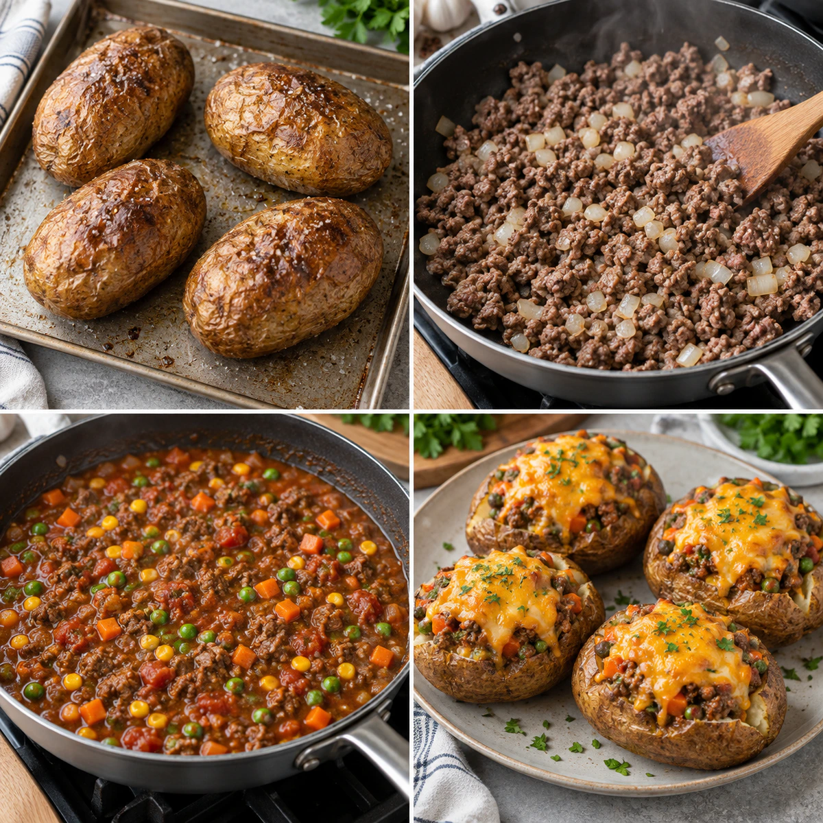 Four chronological preparation stages for Loaded Comfort Meal