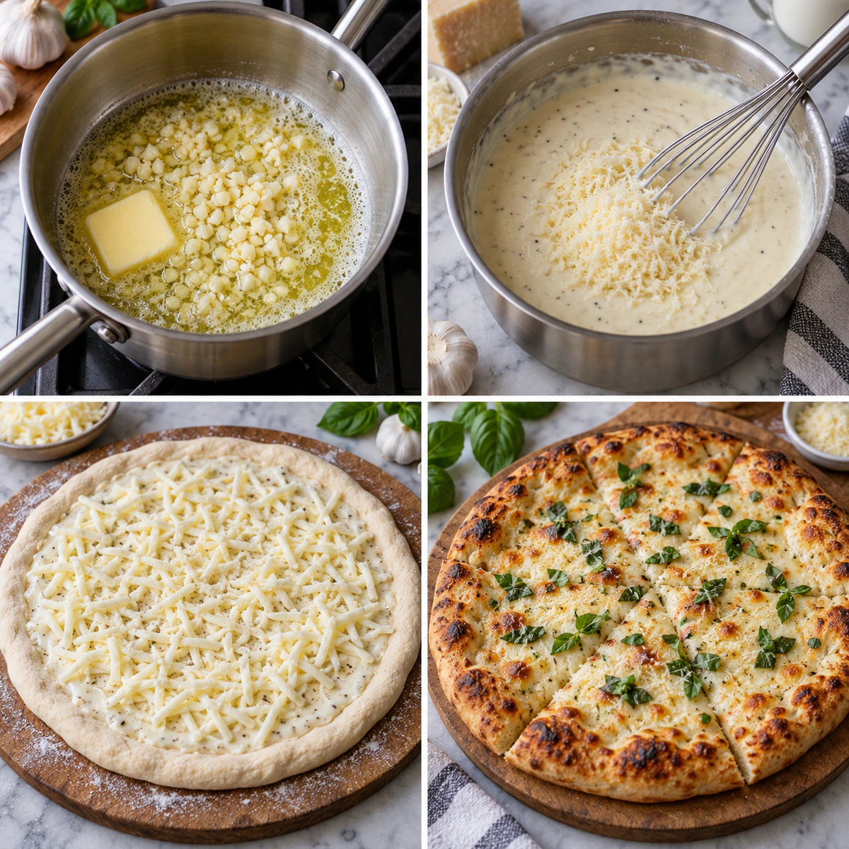 Four chronological preparation stages for Creamy White Sauce Pizza