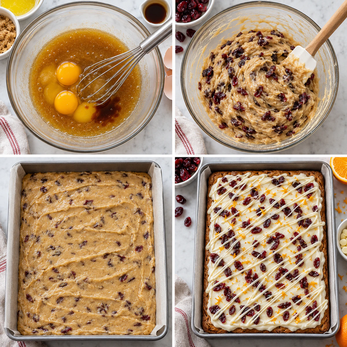 Four chronological preparation stages for Cranberry Bliss Bars