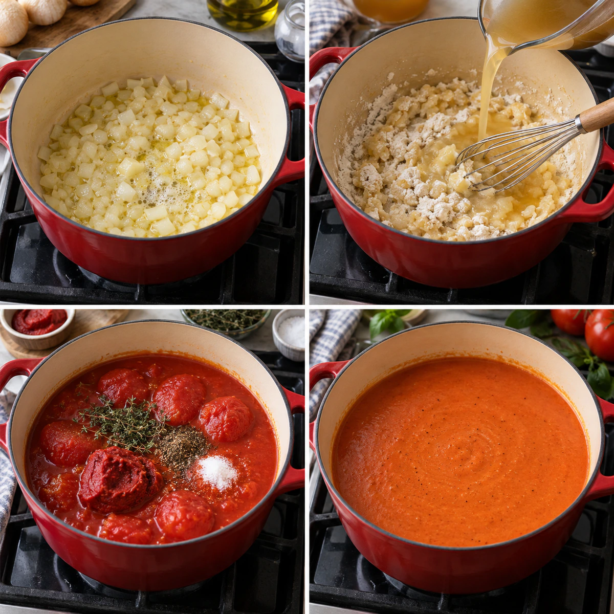 Four chronological preparation stages for Classic Comfort Soup