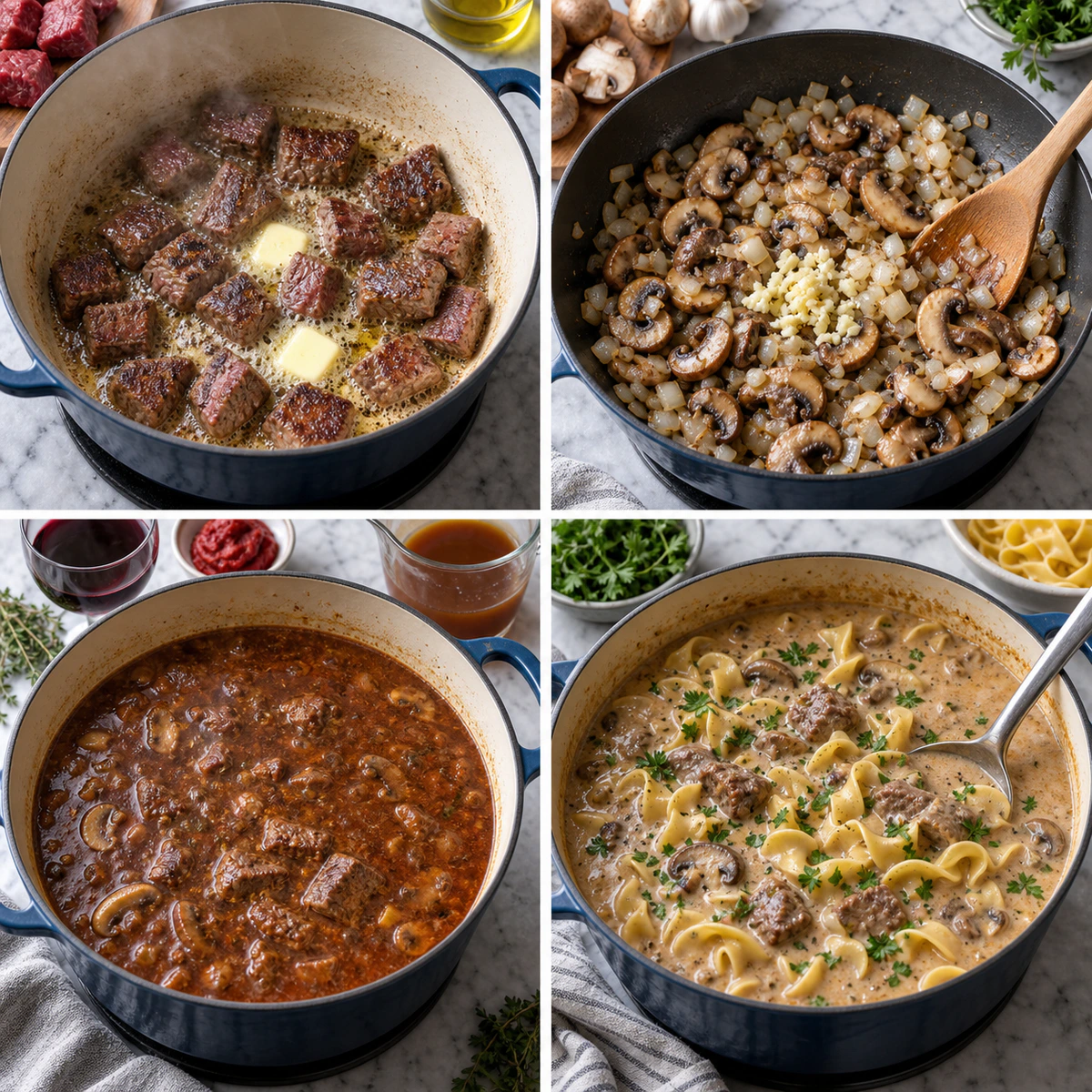 Four chronological preparation stages for Rich Russian-Style Beef Soup