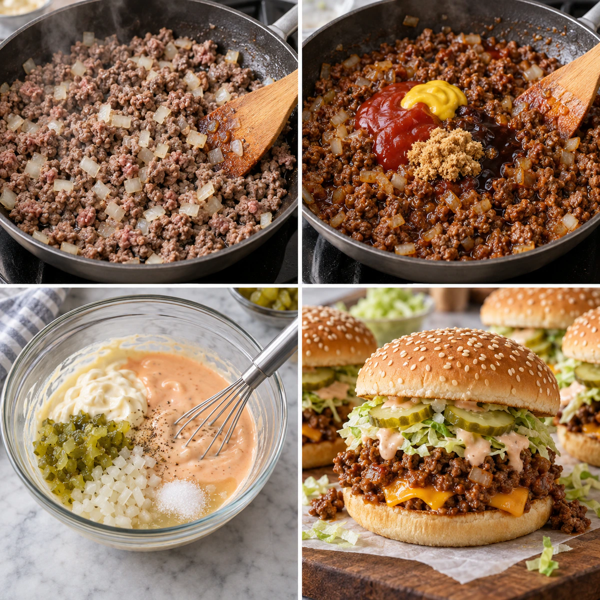 Four chronological preparation stages for Fast Food Inspired Sandwiches