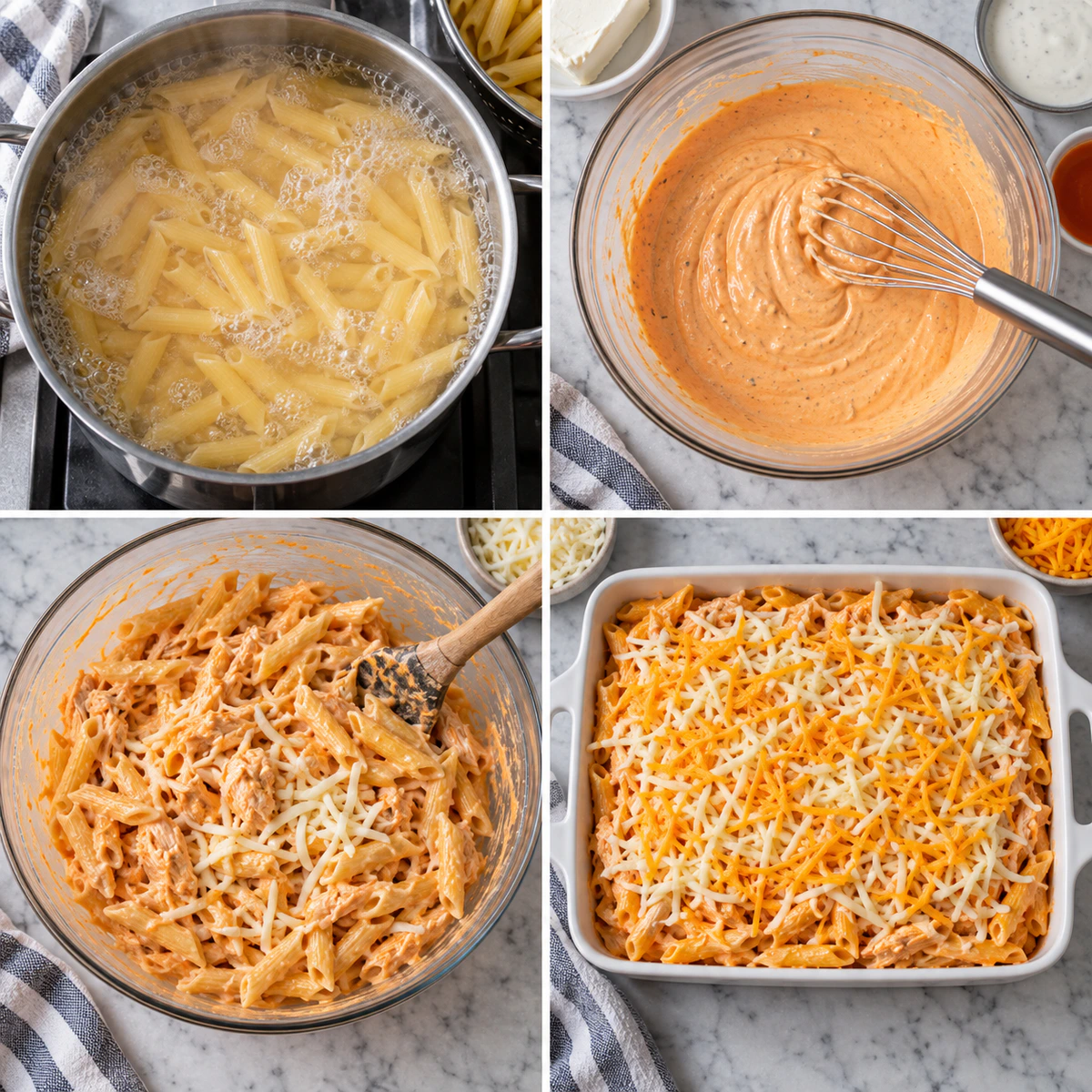 Four chronological preparation stages for Spicy Cheesy Chicken Bake