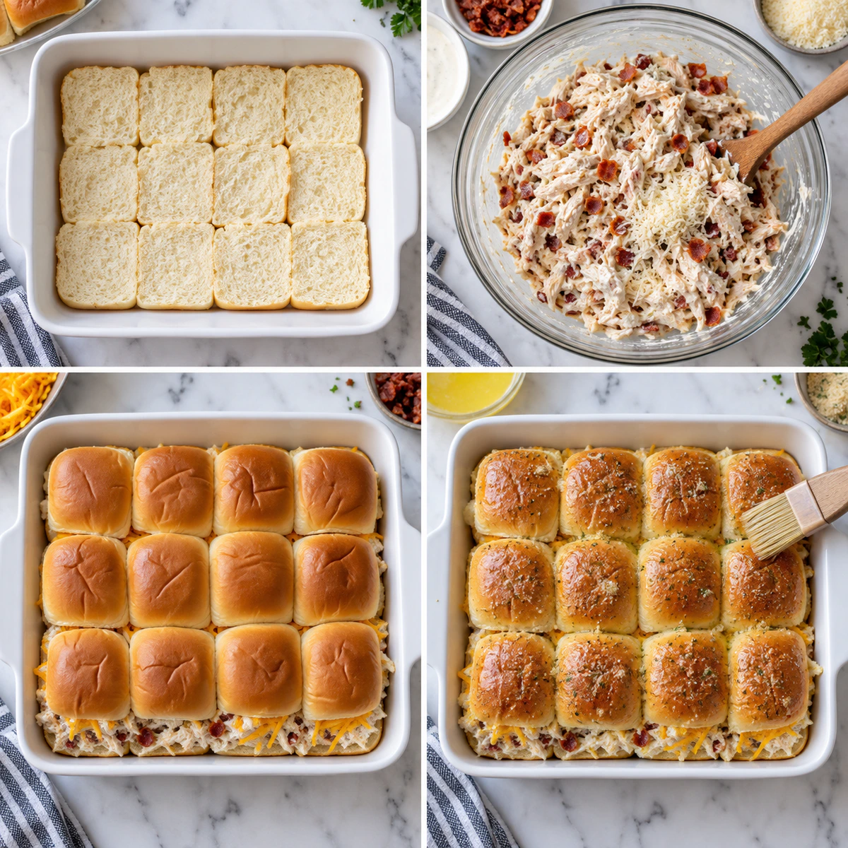 Four chronological preparation stages for Loaded Hawaiian Roll Sliders