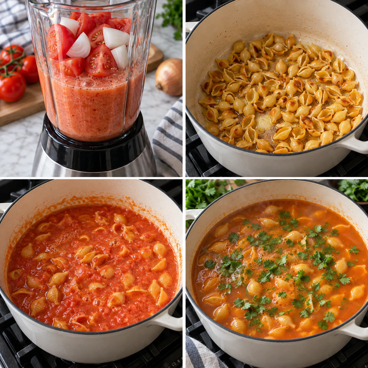 Four chronological preparation stages for Quick Mexican Pasta Soup