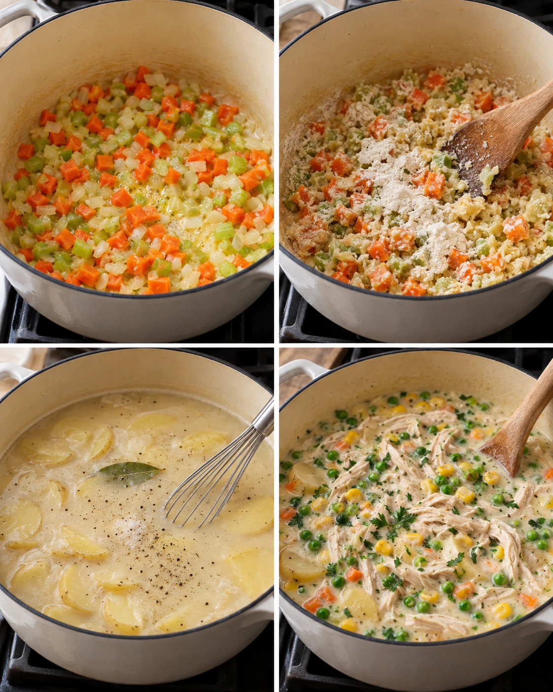 Four chronological preparation stages for Chicken Pot Pie Soup