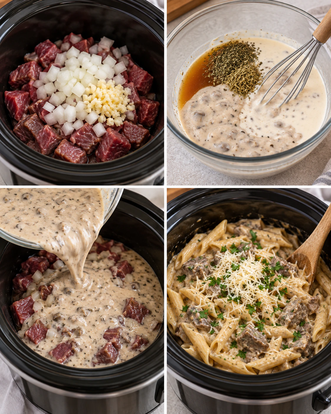 Four chronological preparation stages for Easy Beef Pasta Dinner