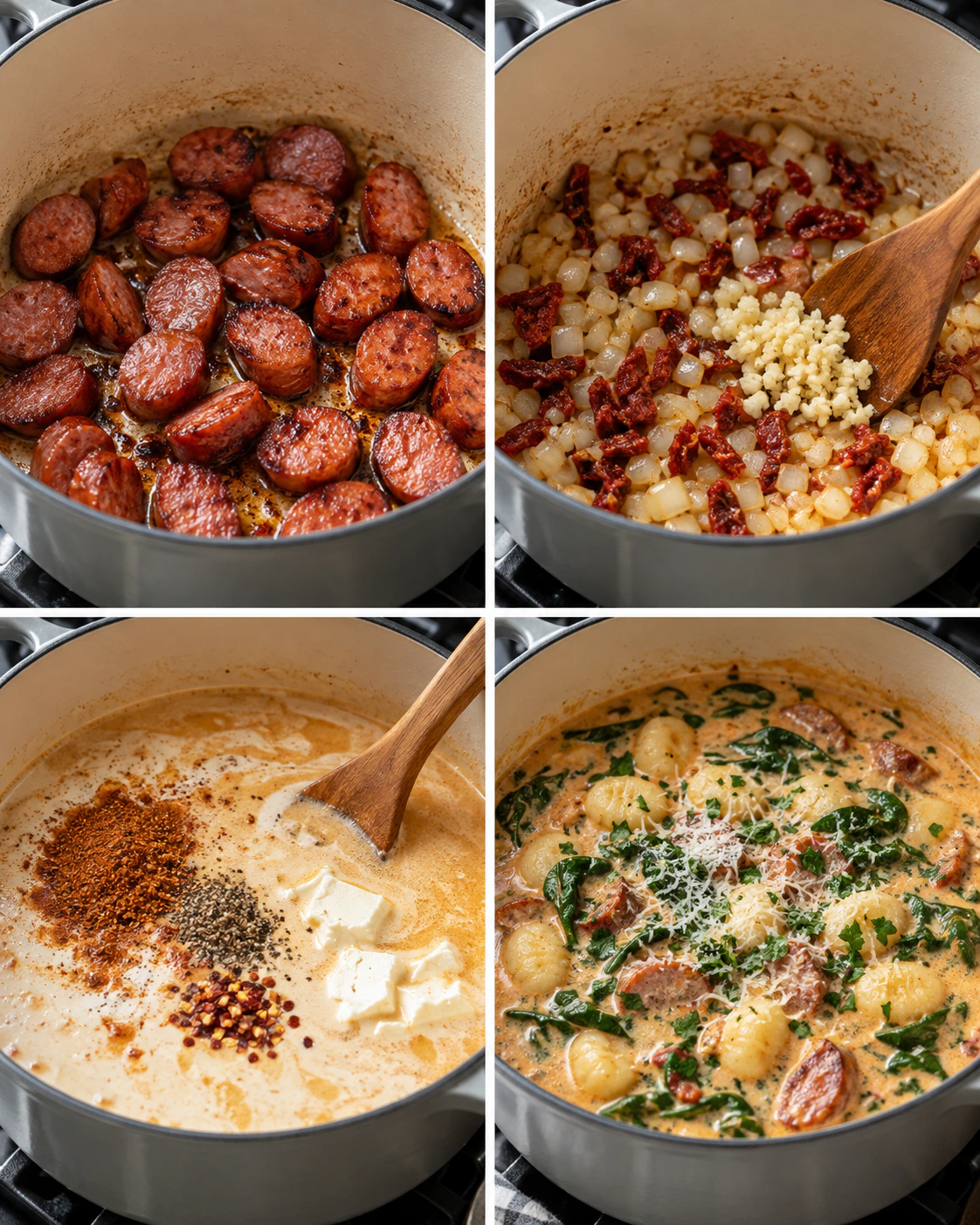 Four chronological preparation stages for Creamy Comfort Soup