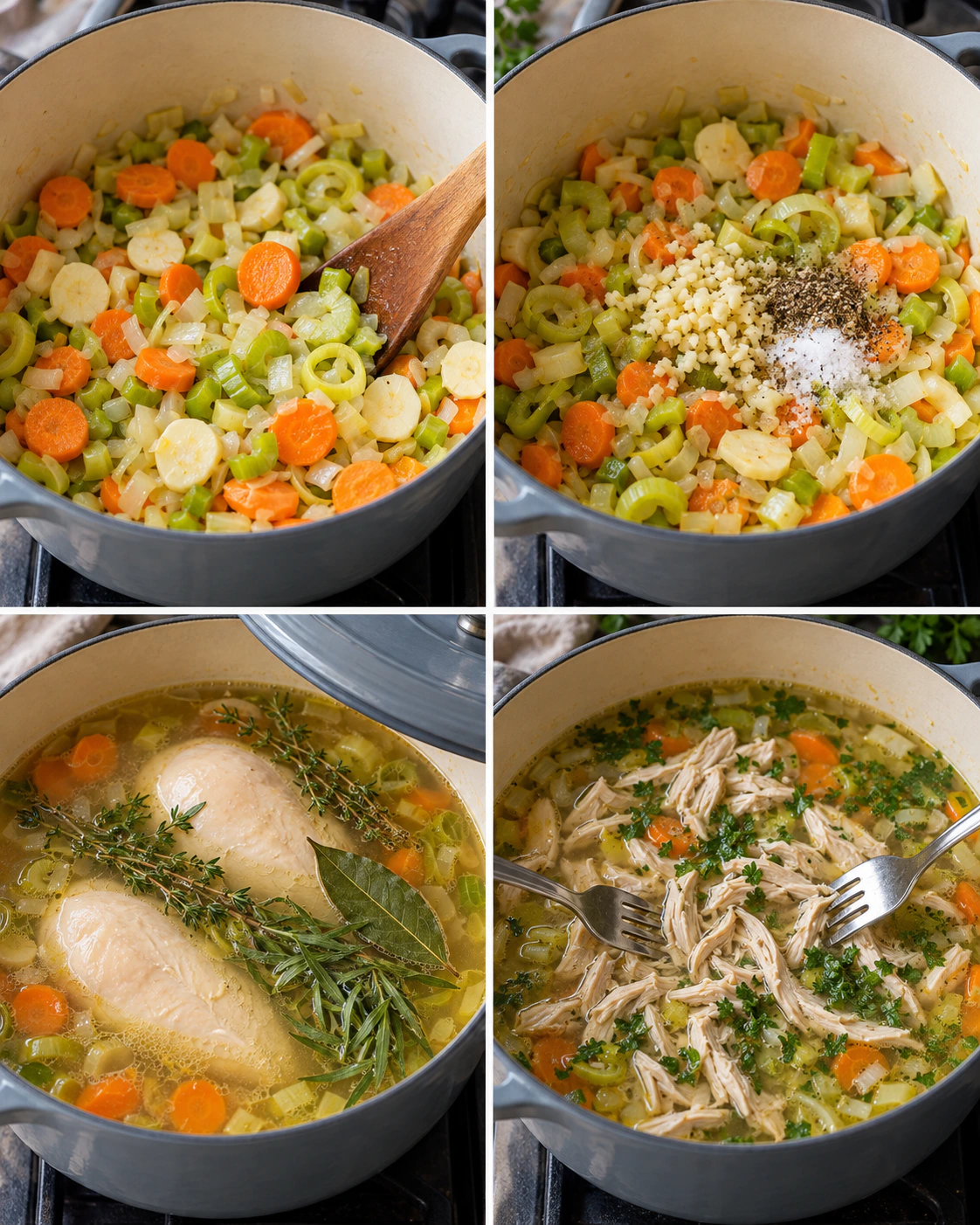 Four chronological preparation stages for Ultimate Chicken Soup