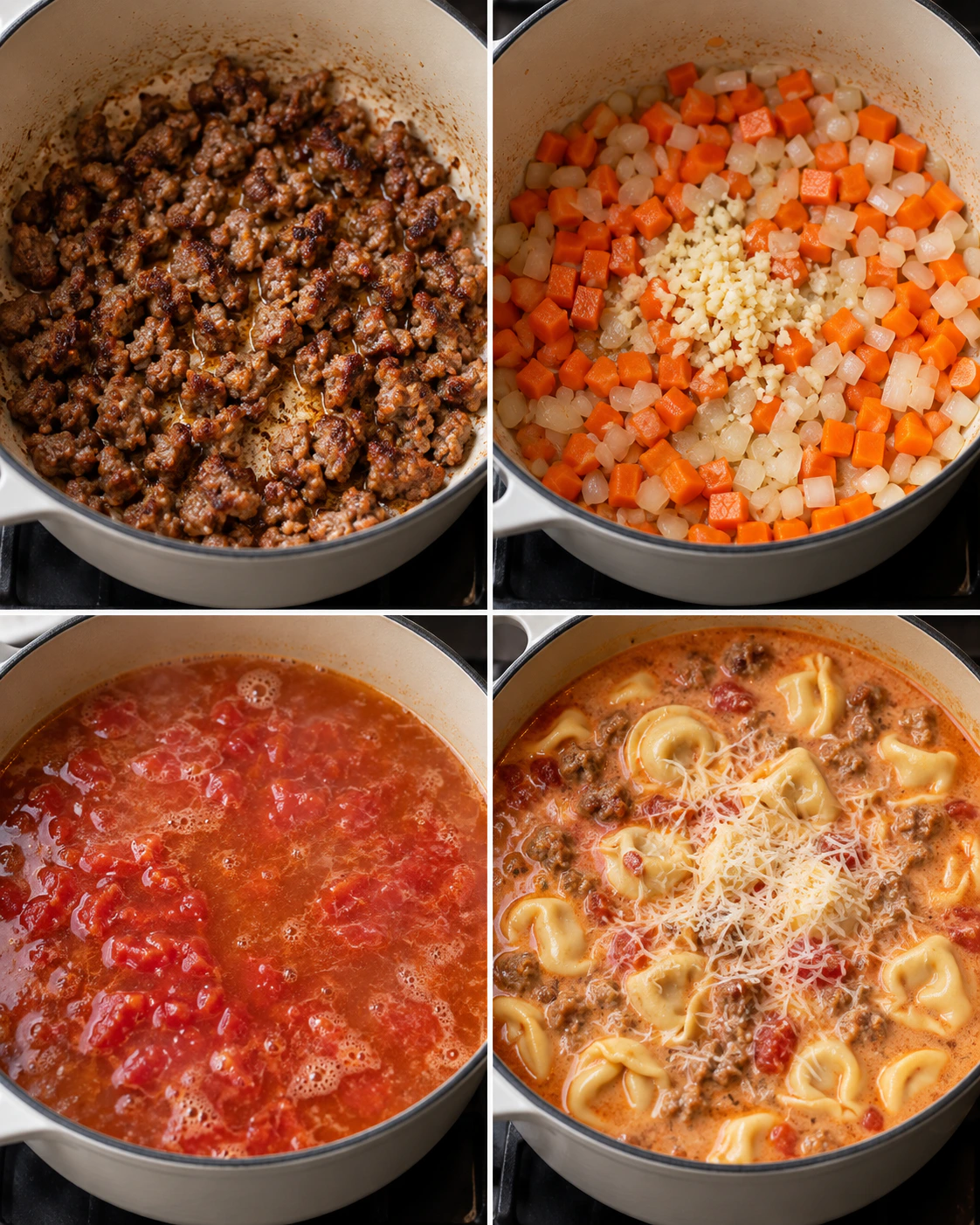Four chronological preparation stages for Creamy Pasta Soup