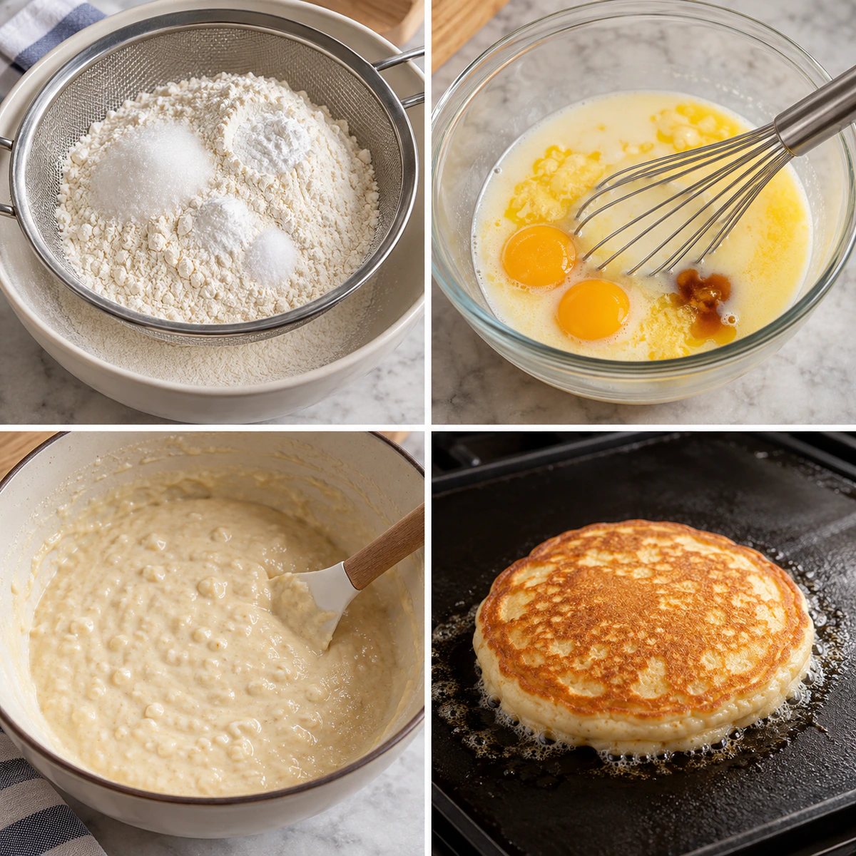 Four chronological preparation stages for Classic Fluffy Pancakes