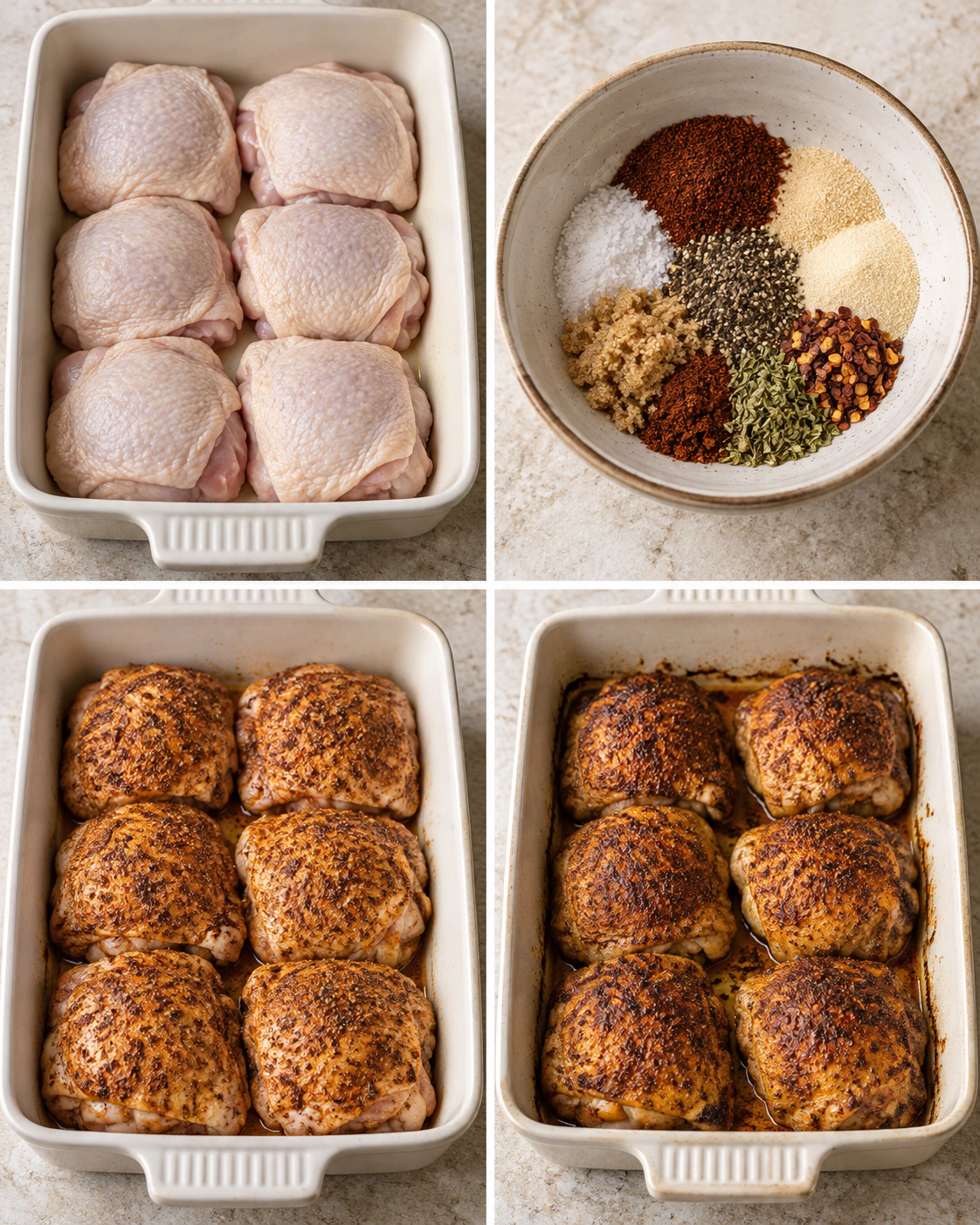Four chronological preparation stages for Spiced Baked Chicken