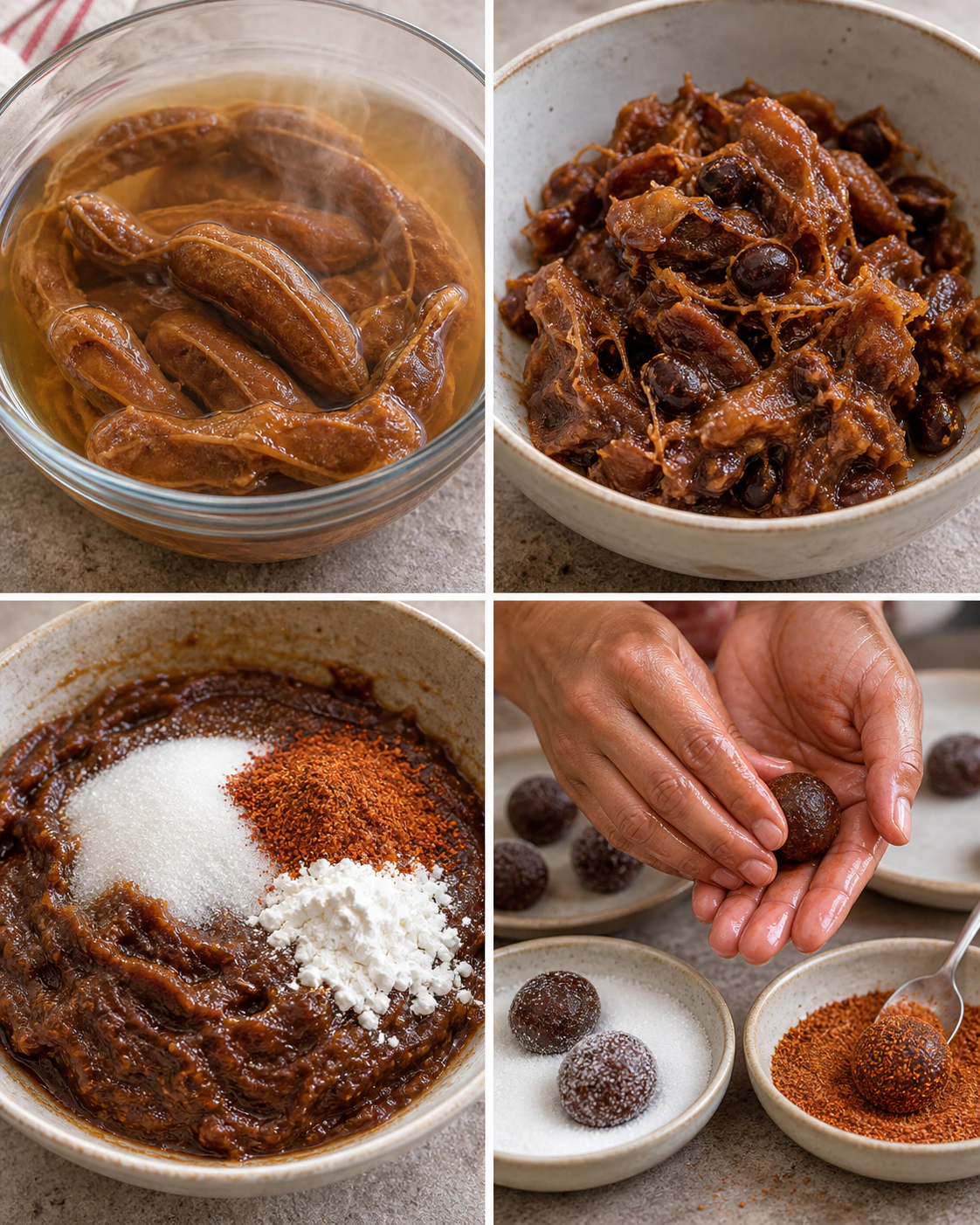 Four chronological preparation stages for Sweet-Spicy Mexican Treat