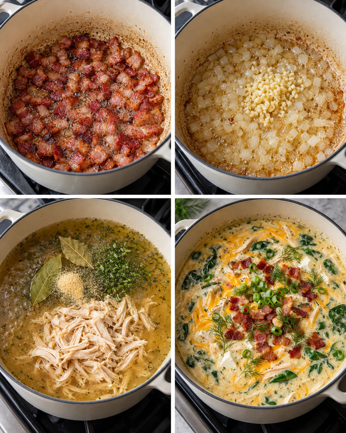 Four chronological preparation stages for Quick Comfort Soup