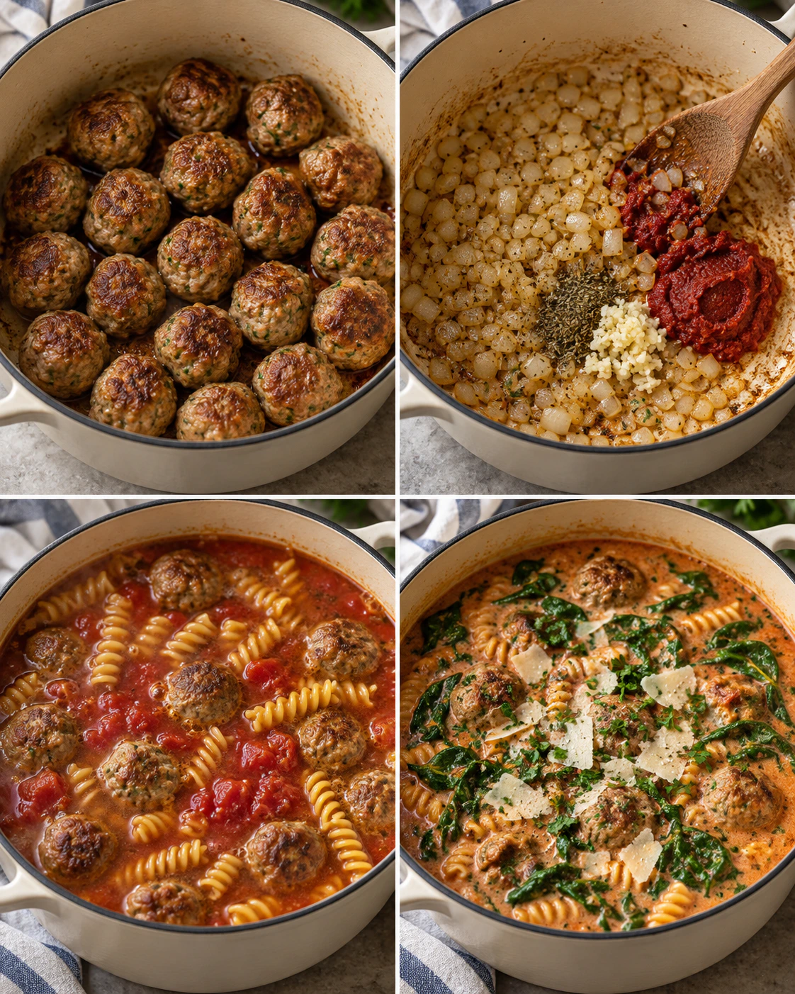 Four chronological preparation stages for Meatball Soup