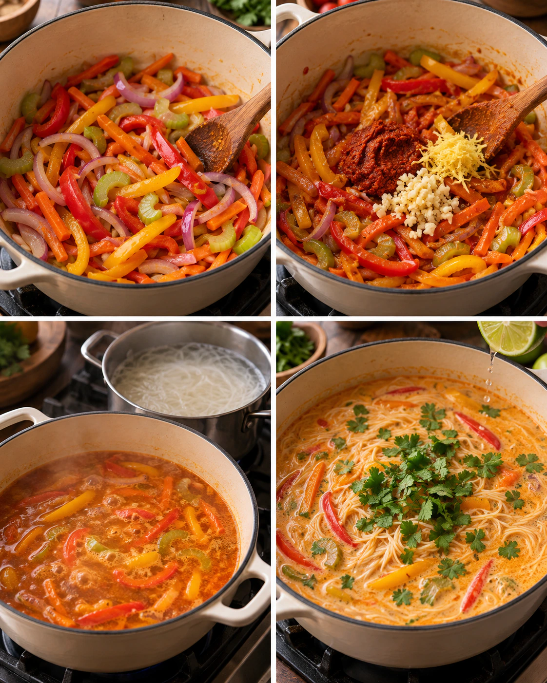 Four chronological preparation stages for Thai Coconut Curry Soup