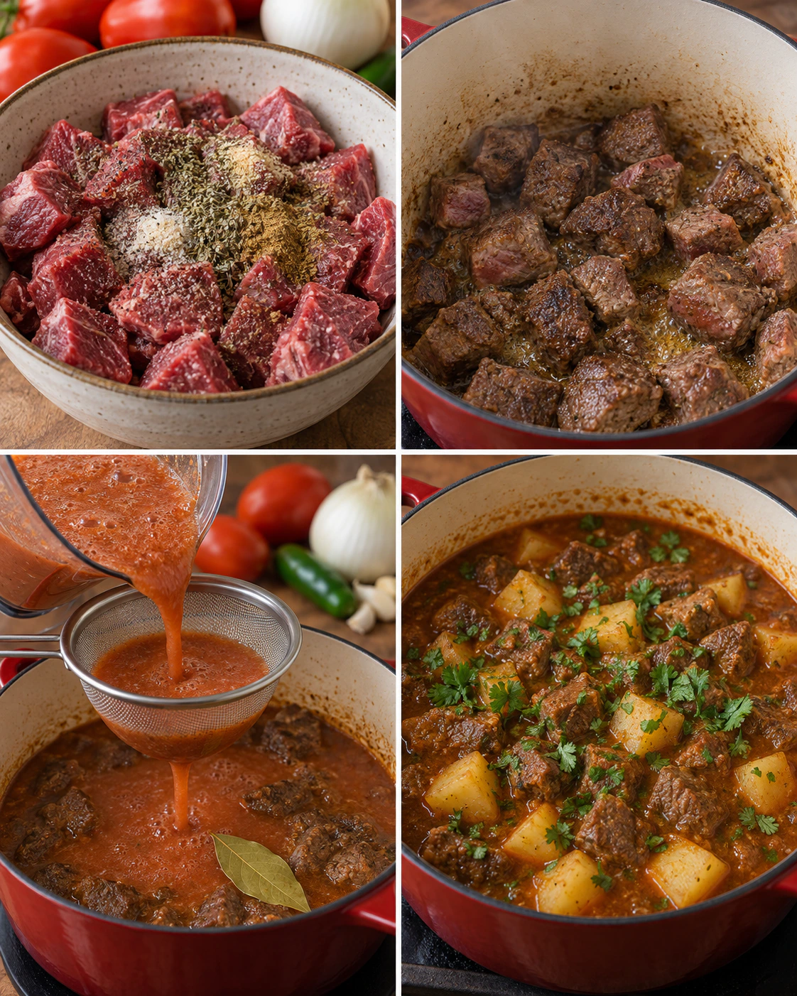 Four chronological preparation stages for Mexican Beef Stew