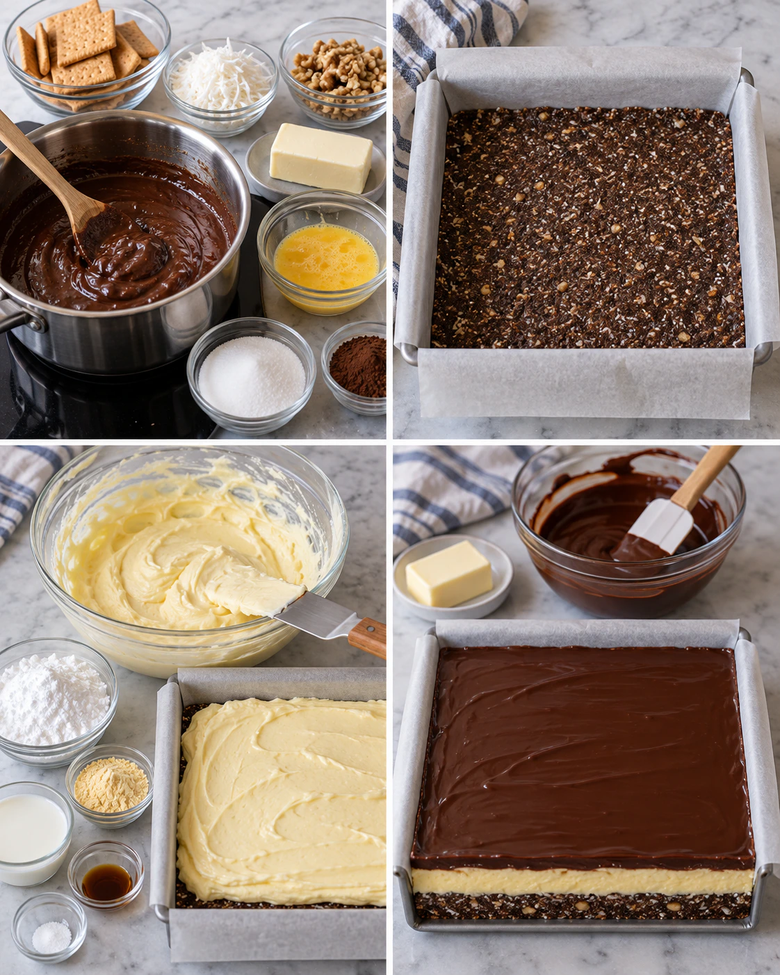 Four chronological preparation stages for Nanaimo Bars