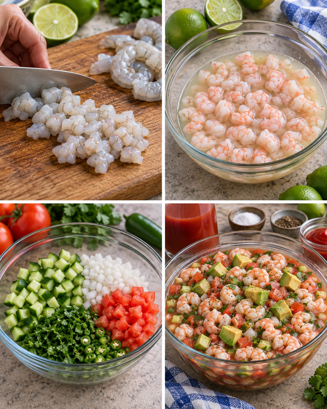 Four chronological preparation stages for Fresh Citrus Seafood