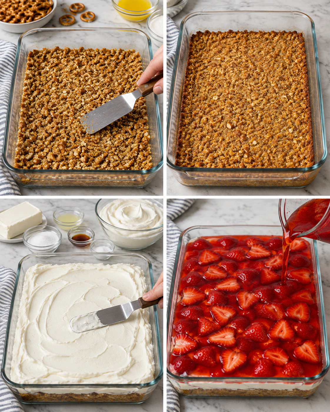 Four chronological preparation stages for Strawberry Pretzel Salad